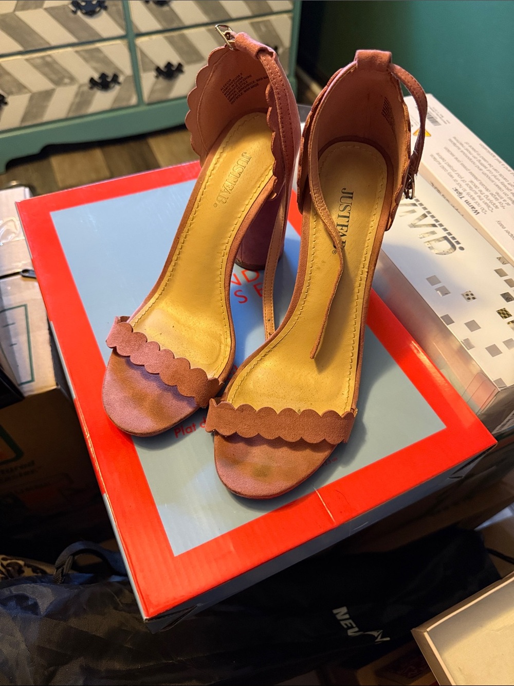 JustFab Mauve Scalloped Ankle Strap Block Heels